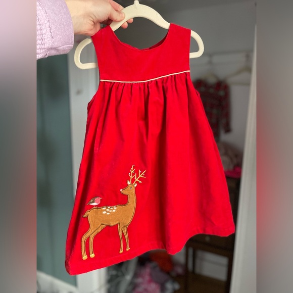 Baby Boden Red Velvet Deer Bird Applique Pinnie Dress 2/3 Years EUC - Picture 2 of 7
